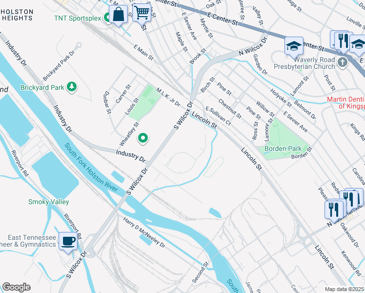 map of restaurants, bars, coffee shops, grocery stores, and more near 301 South Wilcox Drive in Kingsport