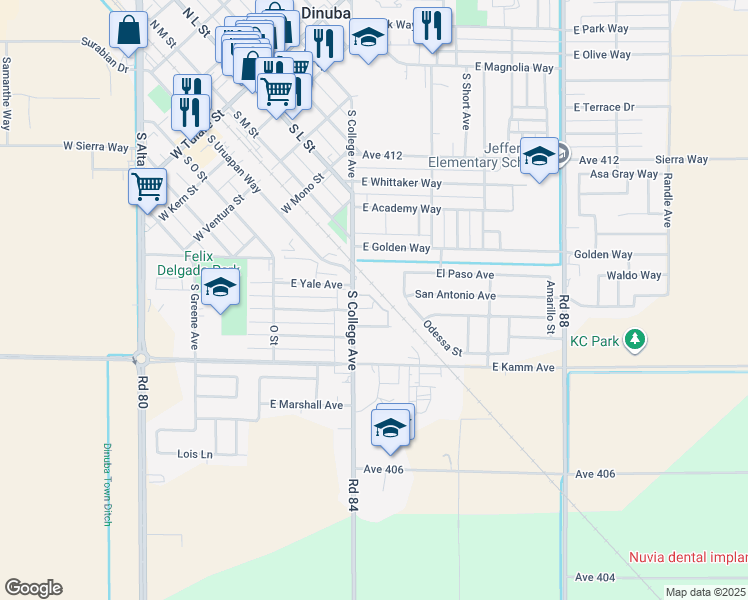 map of restaurants, bars, coffee shops, grocery stores, and more near 1412 South College Avenue in Dinuba