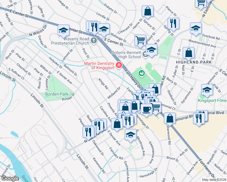 map of restaurants, bars, coffee shops, grocery stores, and more near 1573 Greenfield Avenue in Kingsport