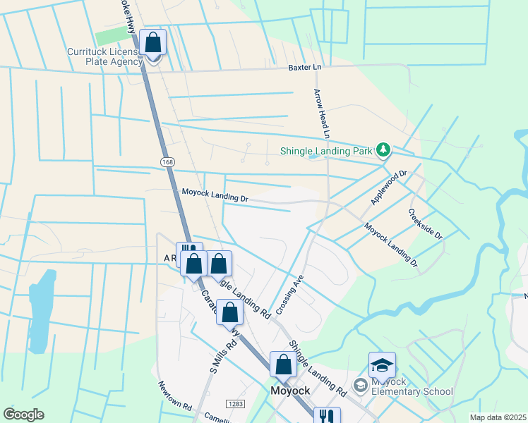 map of restaurants, bars, coffee shops, grocery stores, and more near 146 Moyock Landing Drive in Moyock