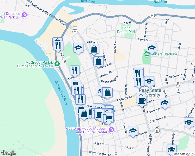 map of restaurants, bars, coffee shops, grocery stores, and more near North 2nd Street in Clarksville
