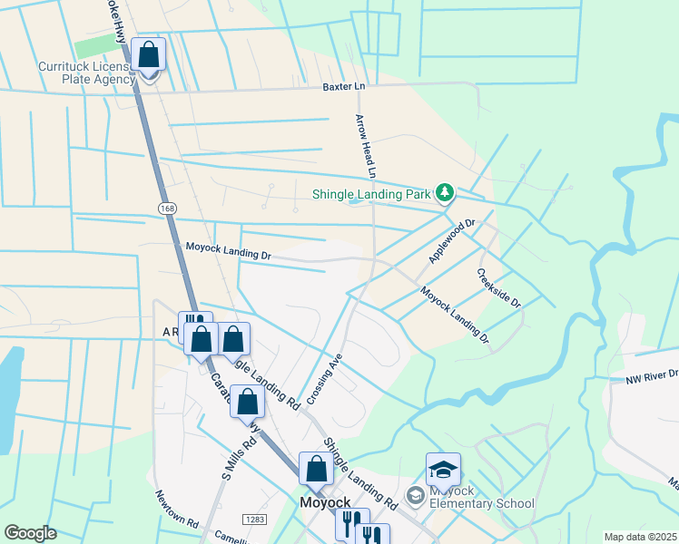 map of restaurants, bars, coffee shops, grocery stores, and more near 158 Moyock Landing Drive in Moyock