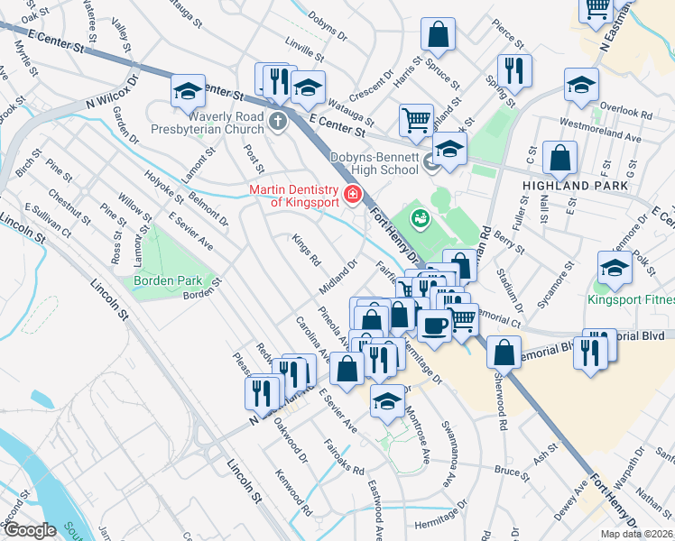 map of restaurants, bars, coffee shops, grocery stores, and more near 1573 Greenfield Avenue in Kingsport