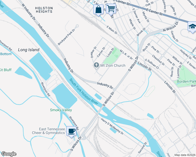 map of restaurants, bars, coffee shops, grocery stores, and more near 420 Wheatley Street in Kingsport