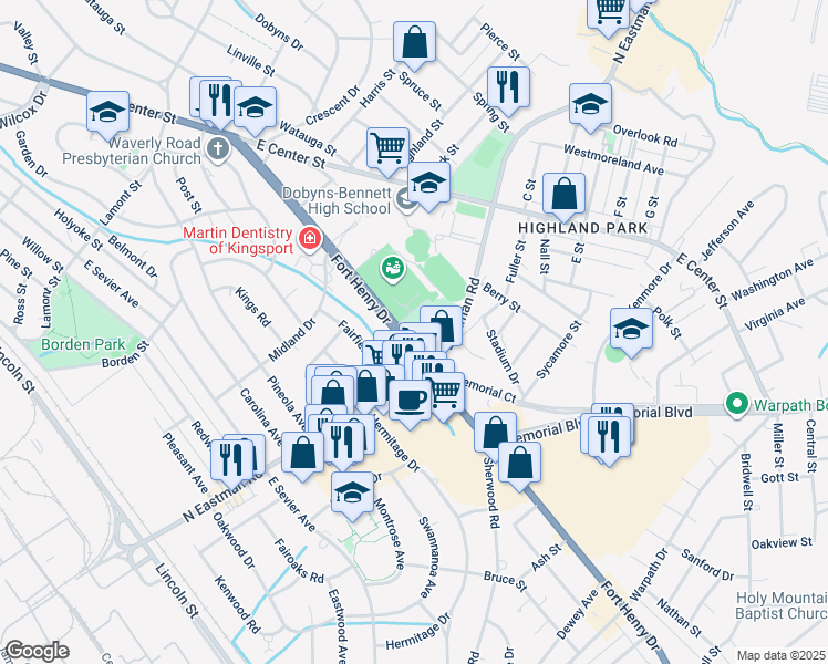 map of restaurants, bars, coffee shops, grocery stores, and more near 1630 Fort Henry Drive in Kingsport