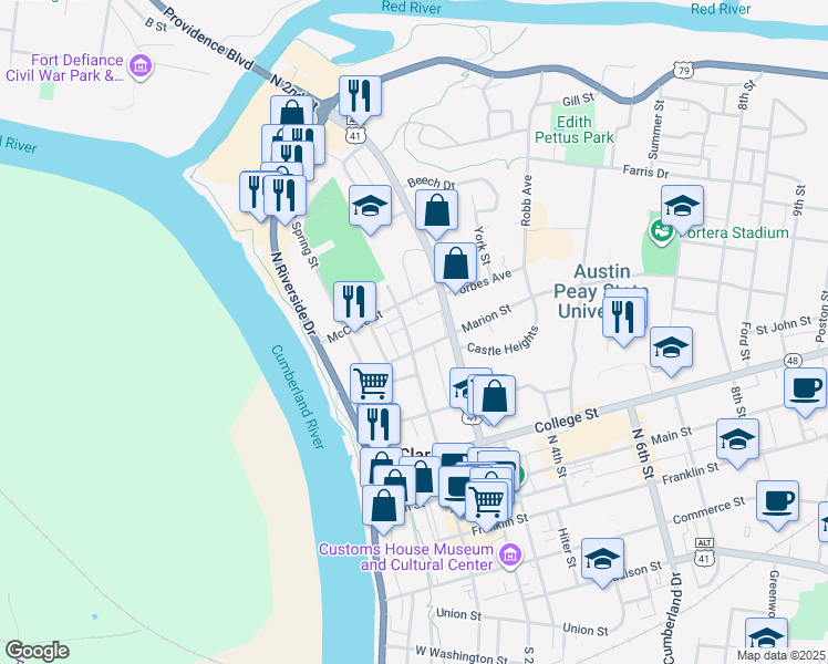 map of restaurants, bars, coffee shops, grocery stores, and more near 491 North 1st Street in Clarksville