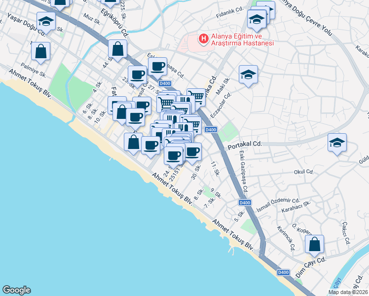 map of restaurants, bars, coffee shops, grocery stores, and more near 41 24. Sokak in Alanya