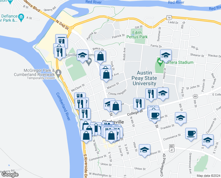 map of restaurants, bars, coffee shops, grocery stores, and more near 215 Marion Street in Clarksville