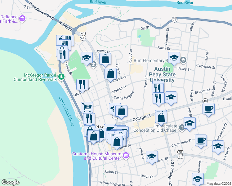 map of restaurants, bars, coffee shops, grocery stores, and more near 215 Marion Street in Clarksville