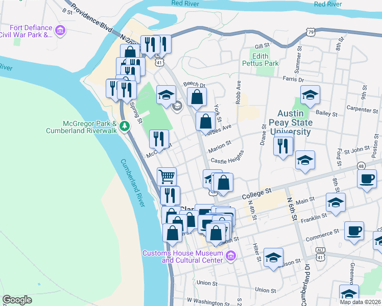 map of restaurants, bars, coffee shops, grocery stores, and more near 524 North 2nd Street in Clarksville