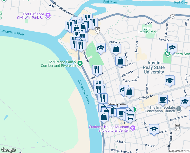map of restaurants, bars, coffee shops, grocery stores, and more near in Clarksville