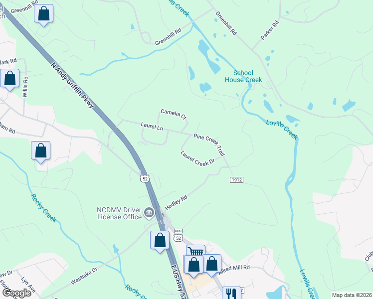 map of restaurants, bars, coffee shops, grocery stores, and more near 222 Laurel Creek Drive in Mount Airy
