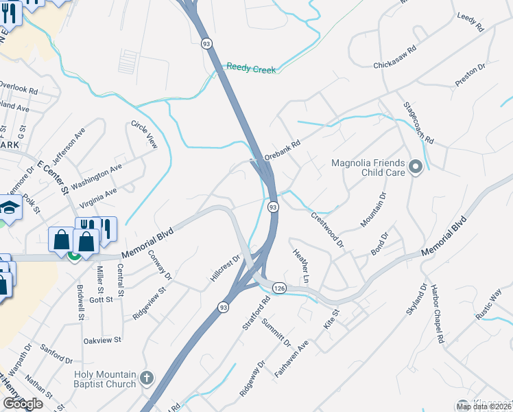 map of restaurants, bars, coffee shops, grocery stores, and more near 1908 Edens Ridge Road in Kingsport