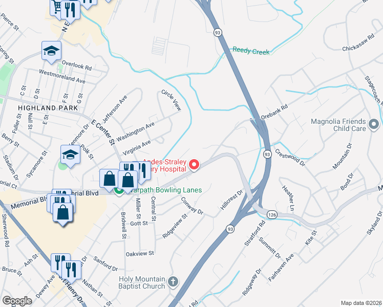 map of restaurants, bars, coffee shops, grocery stores, and more near 1664 Woodside Drive in Kingsport