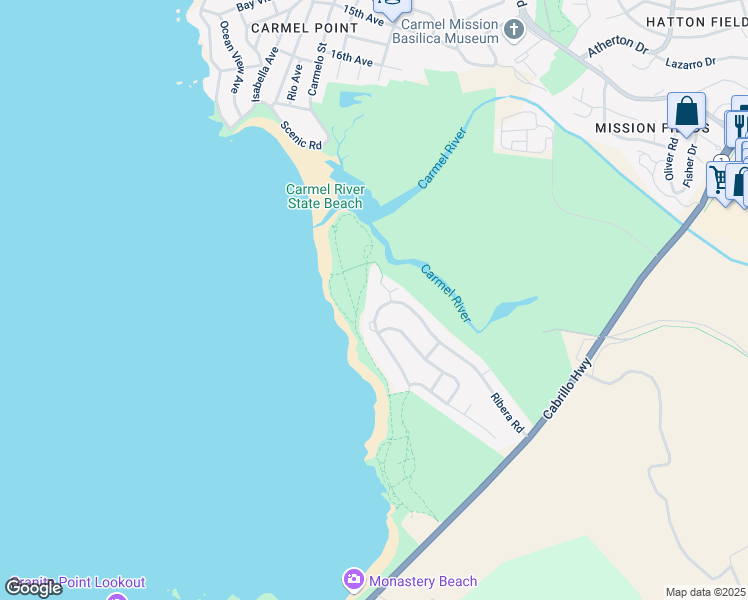 map of restaurants, bars, coffee shops, grocery stores, and more near 2715 Ribera Road in Carmel