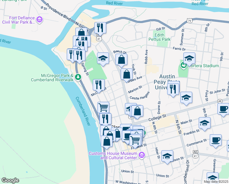 map of restaurants, bars, coffee shops, grocery stores, and more near 524 North 2nd Street in Clarksville