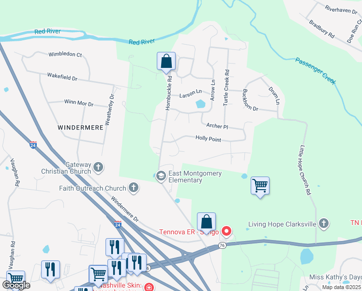 map of restaurants, bars, coffee shops, grocery stores, and more near 847 Nandina Court in Clarksville