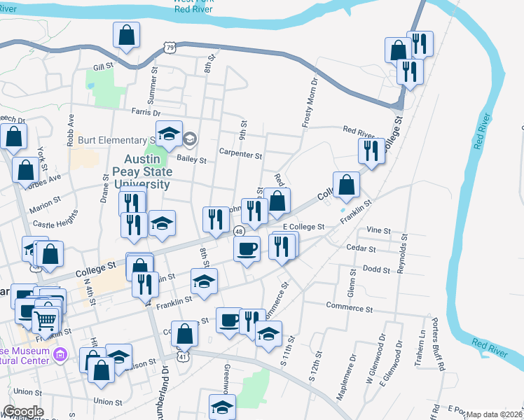 map of restaurants, bars, coffee shops, grocery stores, and more near 400 Poston Street in Clarksville