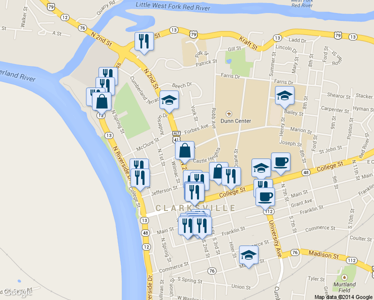 map of restaurants, bars, coffee shops, grocery stores, and more near 215 Marion Street in Clarksville