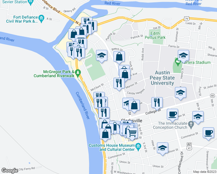 map of restaurants, bars, coffee shops, grocery stores, and more near 124 Bogard Lane in Clarksville