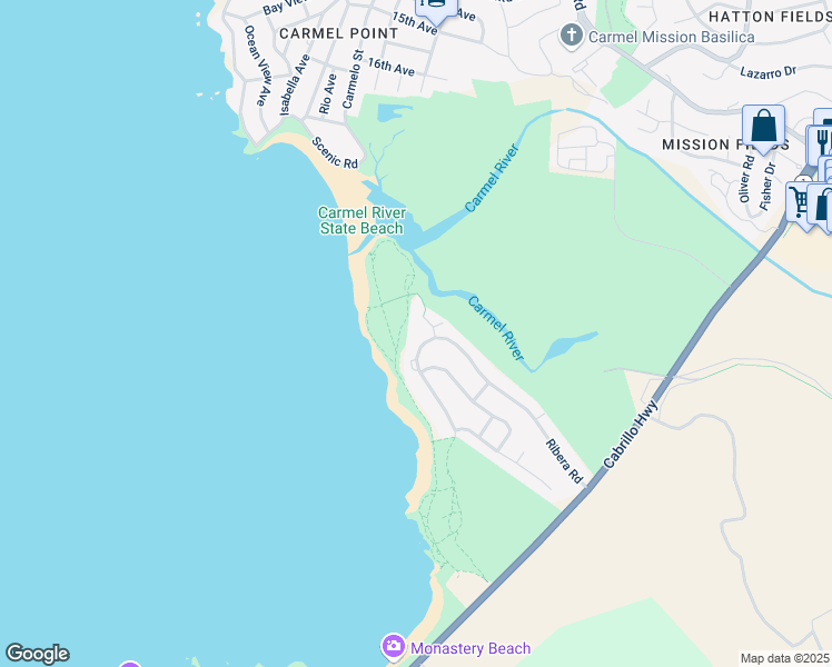map of restaurants, bars, coffee shops, grocery stores, and more near 2715 Ribera Road in Carmel