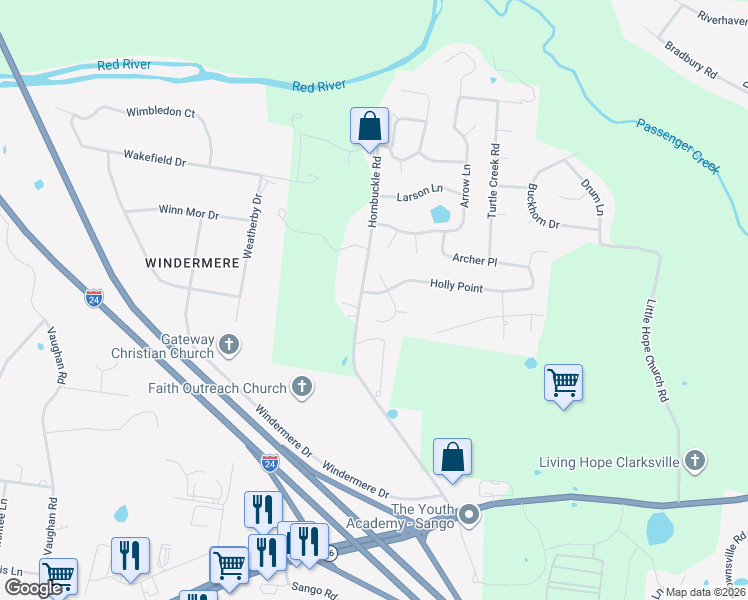 map of restaurants, bars, coffee shops, grocery stores, and more near 850 Nandina Court in Clarksville