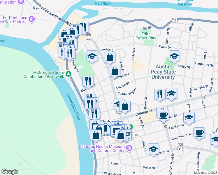 map of restaurants, bars, coffee shops, grocery stores, and more near 524 North 2nd Street in Clarksville