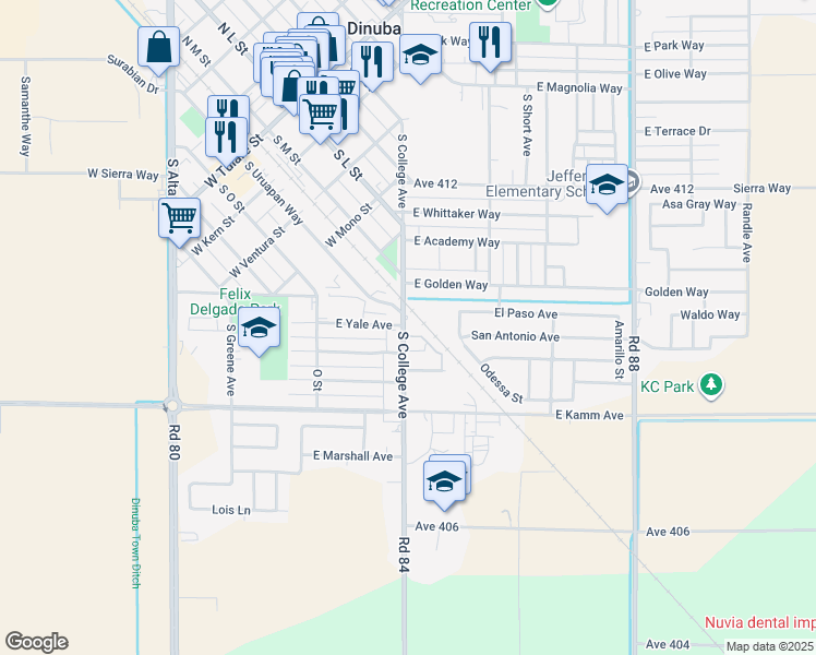 map of restaurants, bars, coffee shops, grocery stores, and more near 1412 South College Avenue in Dinuba