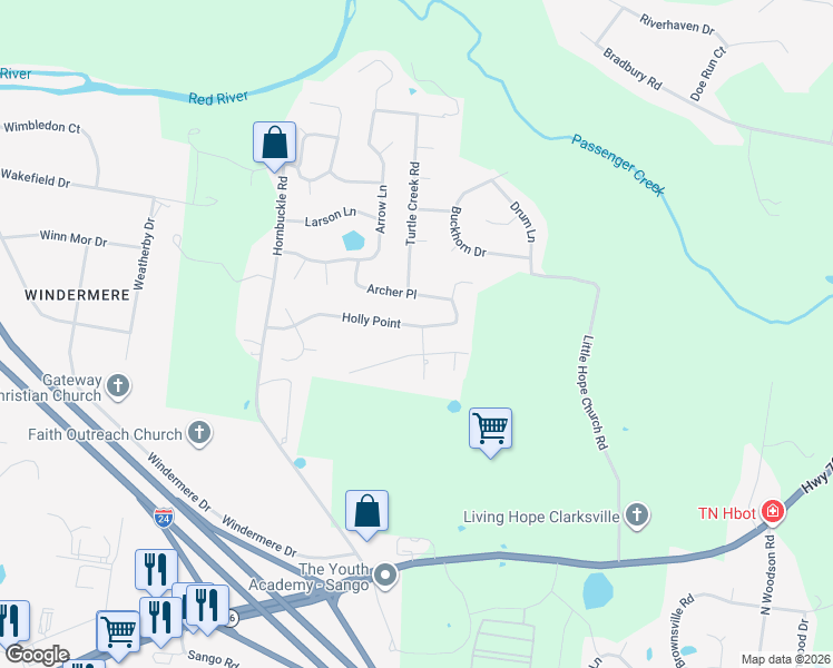 map of restaurants, bars, coffee shops, grocery stores, and more near 850 Mulberry Place in Clarksville