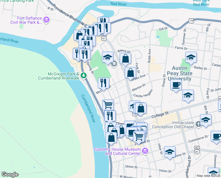 map of restaurants, bars, coffee shops, grocery stores, and more near 94 Promontory Lane in Clarksville