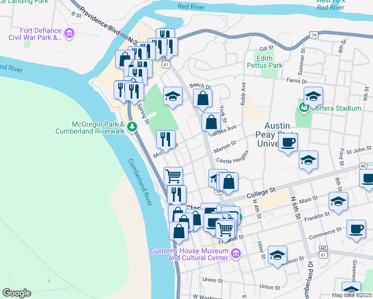 map of restaurants, bars, coffee shops, grocery stores, and more near 128 Bogard Lane in Clarksville