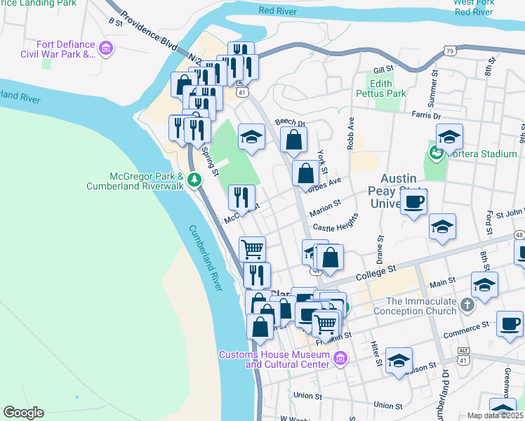 map of restaurants, bars, coffee shops, grocery stores, and more near 94 Promontory Lane in Clarksville