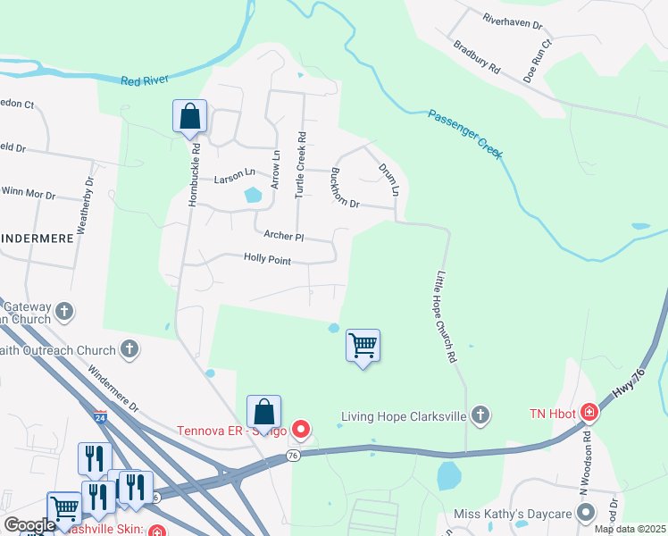 map of restaurants, bars, coffee shops, grocery stores, and more near 3146 Holly Point in Clarksville