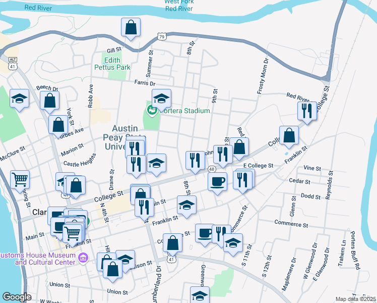 map of restaurants, bars, coffee shops, grocery stores, and more near 412 Ford Street in Clarksville