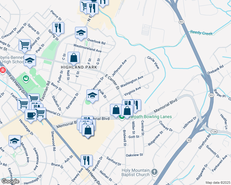 map of restaurants, bars, coffee shops, grocery stores, and more near 2749 East Center Street in Kingsport