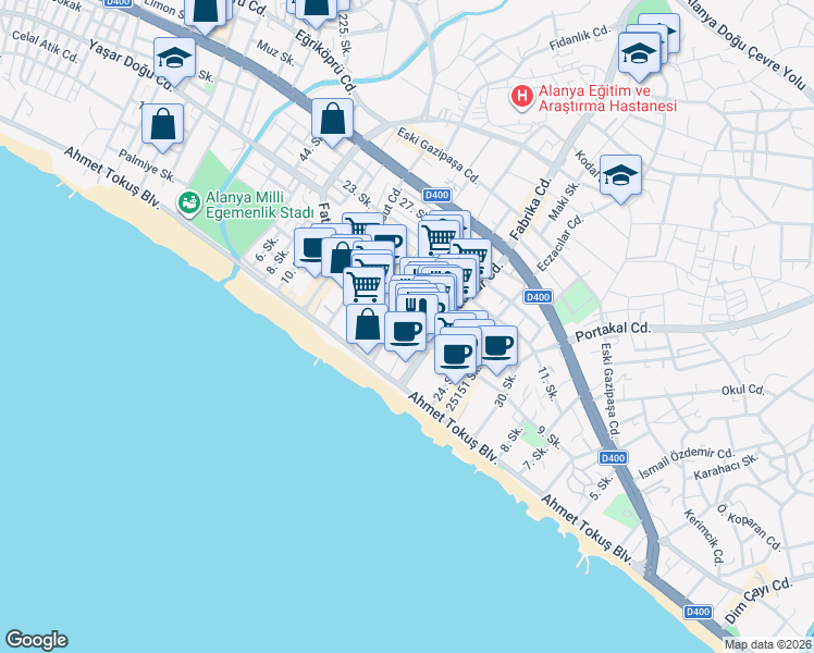 map of restaurants, bars, coffee shops, grocery stores, and more near 6 Fatih Caddesi in Alanya