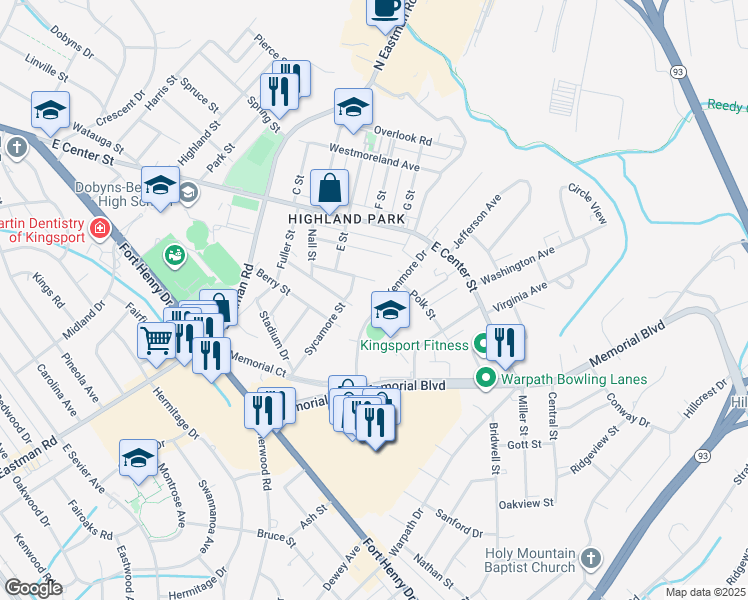 map of restaurants, bars, coffee shops, grocery stores, and more near 1548 Kenmore Drive in Kingsport