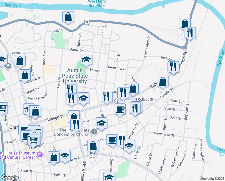 map of restaurants, bars, coffee shops, grocery stores, and more near 410 9th Street in Clarksville
