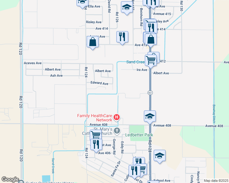 map of restaurants, bars, coffee shops, grocery stores, and more near 41014 David Rd in Orosi