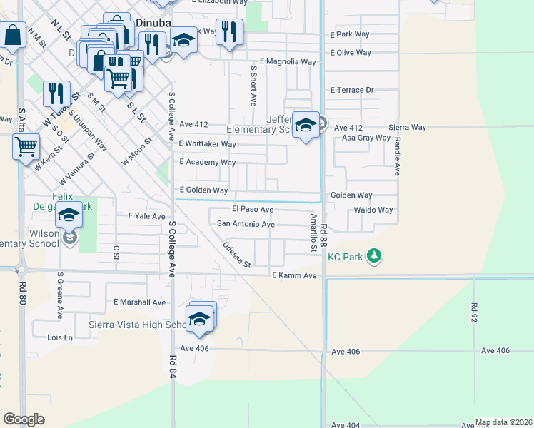 map of restaurants, bars, coffee shops, grocery stores, and more near 1623 El Paso Avenue in Dinuba