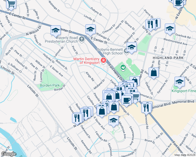 map of restaurants, bars, coffee shops, grocery stores, and more near 1573 Greenfield Avenue in Kingsport