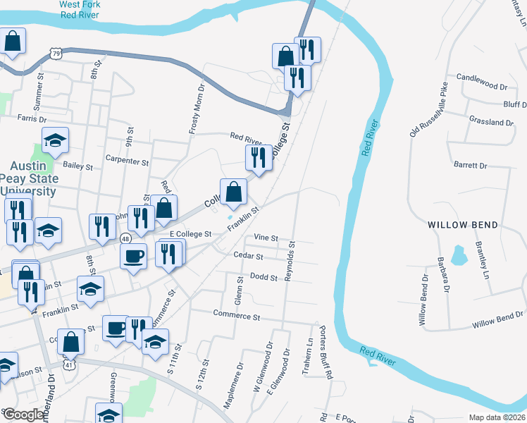 map of restaurants, bars, coffee shops, grocery stores, and more near 1300 Franklin Street in Clarksville