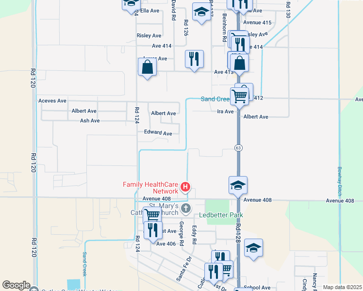 map of restaurants, bars, coffee shops, grocery stores, and more near 41014 David Road in Orosi