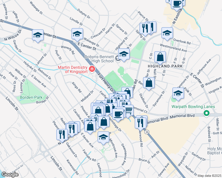 map of restaurants, bars, coffee shops, grocery stores, and more near 1609 Fort Henry Drive in Kingsport