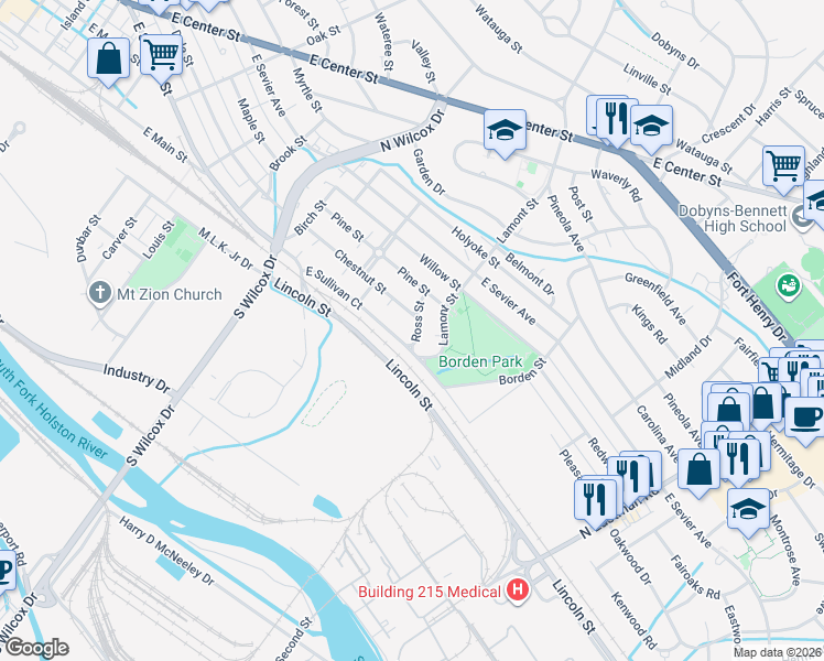 map of restaurants, bars, coffee shops, grocery stores, and more near 710 Ross St in Kingsport