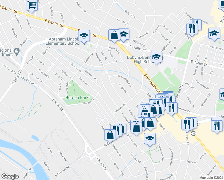 map of restaurants, bars, coffee shops, grocery stores, and more near 1517 Pineola Avenue in Kingsport