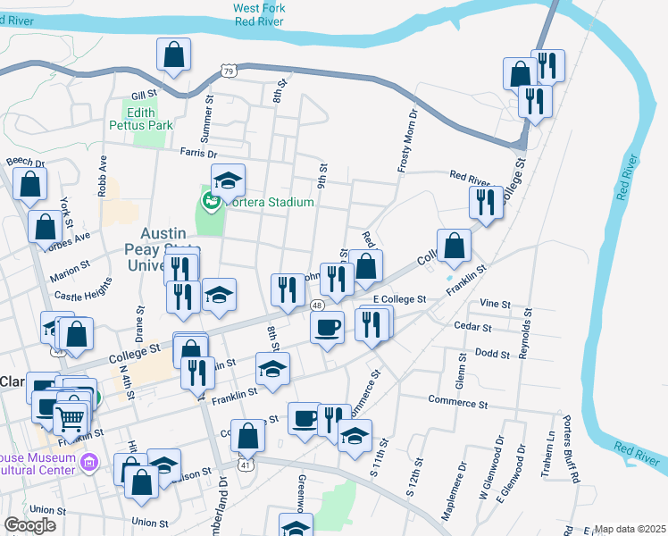 map of restaurants, bars, coffee shops, grocery stores, and more near 400 Poston Street in Clarksville