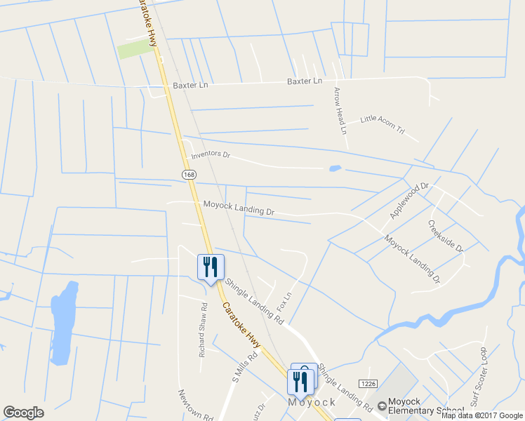 map of restaurants, bars, coffee shops, grocery stores, and more near 146 Moyock Landing Drive in Moyock