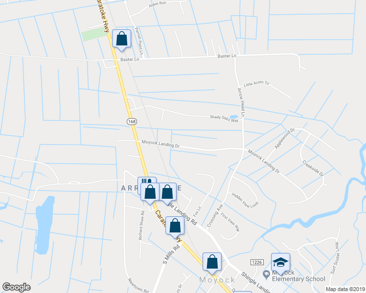 map of restaurants, bars, coffee shops, grocery stores, and more near 158 Moyock Landing Drive in Moyock