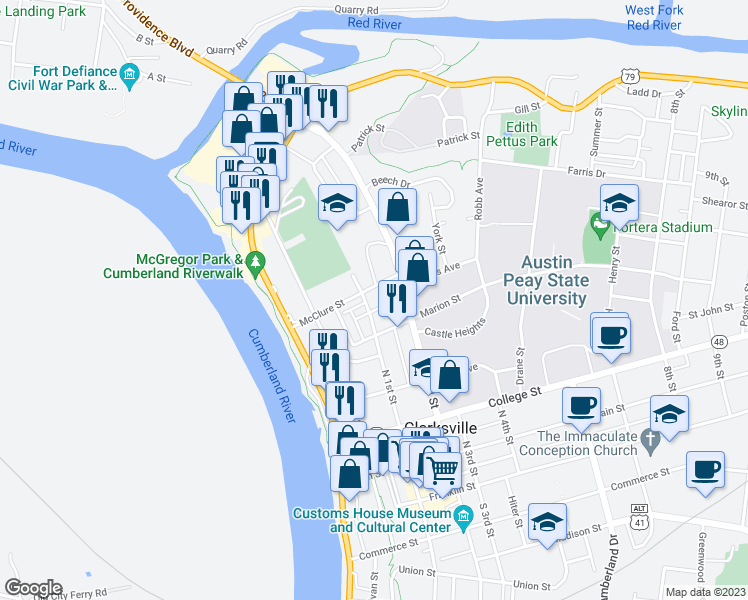 map of restaurants, bars, coffee shops, grocery stores, and more near 94 Promontory Lane in Clarksville